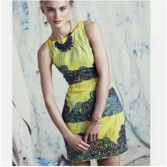 Anthropologie Tabitha Dress Shift Azure Scroll Yellow Blue Swiss Dot Cotton Sz 2 - Picture 3 of 16